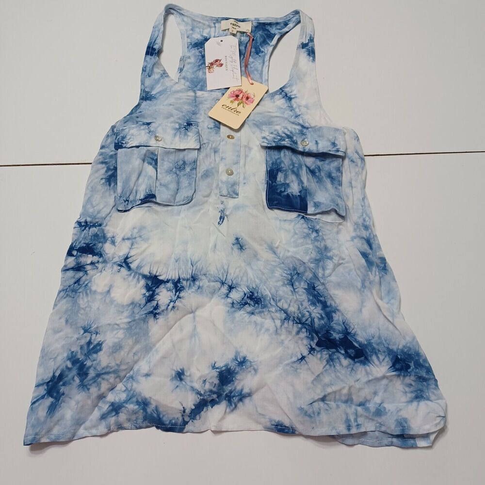 New Entro Womens Sm Tank Top Blue Tie Dye Henley Neck Pearl Buttons Flap Pockets